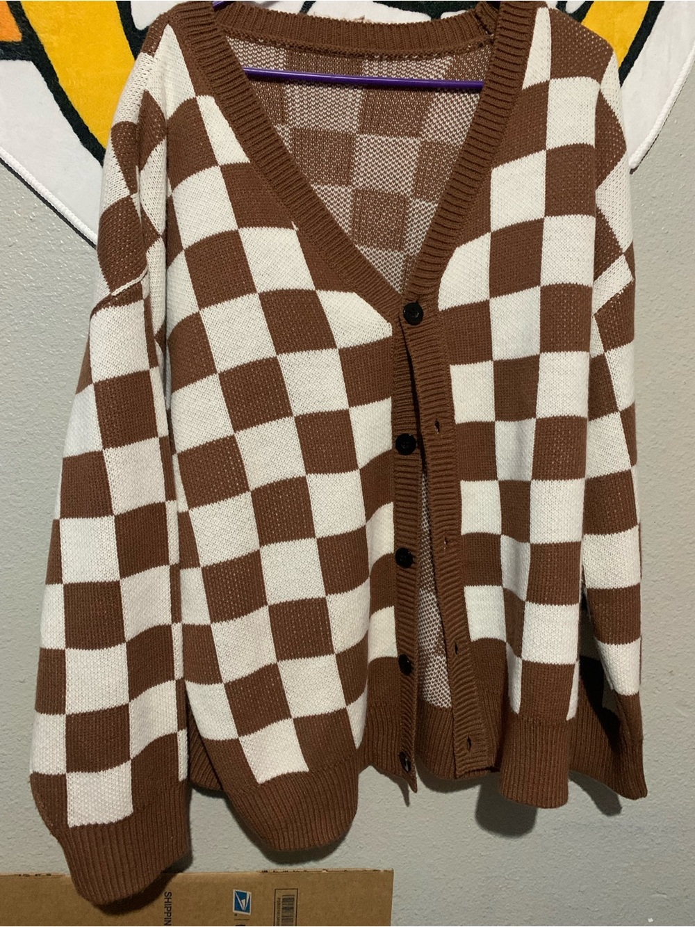 Brown & Cream Checkerboard V-Neck Cardigan